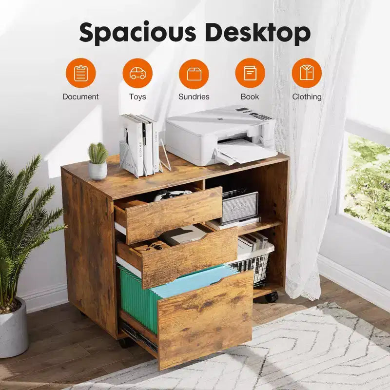 Okak Modern 3-Layer Mobile Filing Cabinet with Wooden Drawers & Wheels,Lateral Storage File Cabinet for Home Office,Study