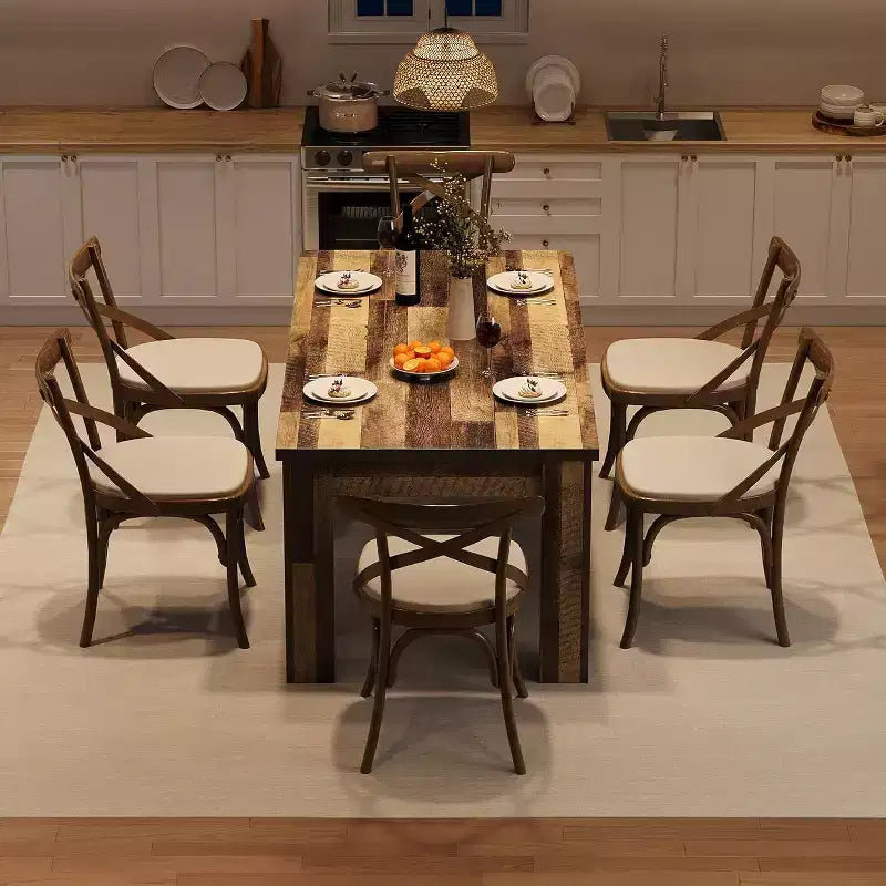 brownDining Table for 6-8, 71 Rectangular Farmhouse Kitchen Table, Wooden Dining Room Table with Reinforced Support Base & Triangle Legs
