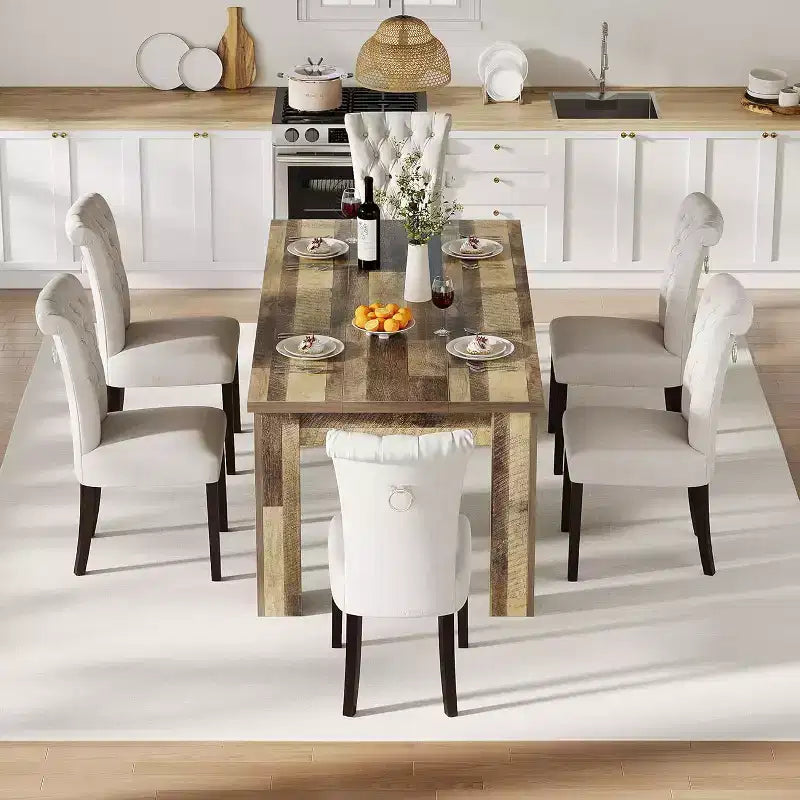 brownDining Table for 6-8, 71 Rectangular Farmhouse Kitchen Table, Wooden Dining Room Table with Reinforced Support Base & Triangle Legs