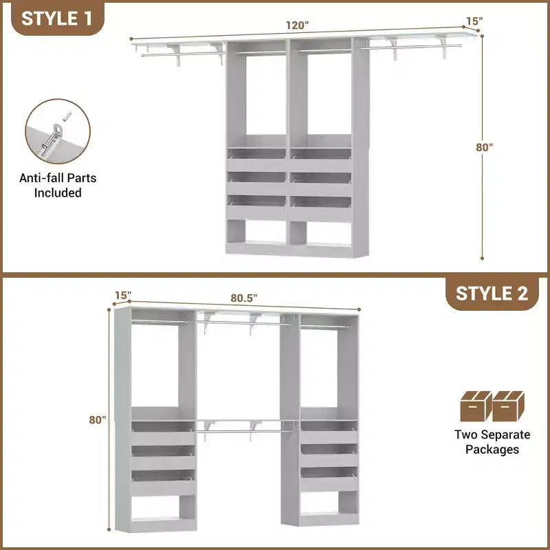 Besiost Set of Two 80-120W Closet System with Door and Wooden Drawers