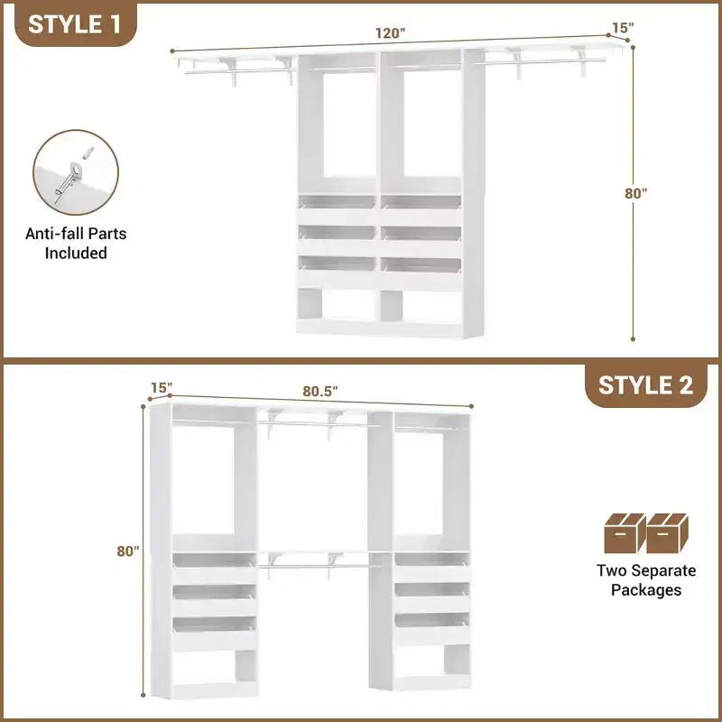Besiost Set of Two 80-120W Closet System with Door and Wooden Drawers