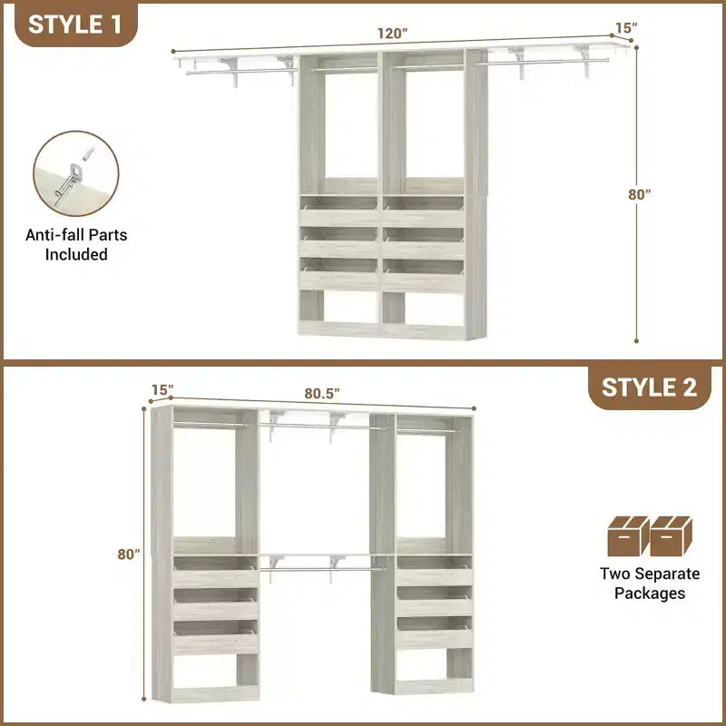 Besiost Set of Two 80-120W Closet System with Door and Wooden Drawers