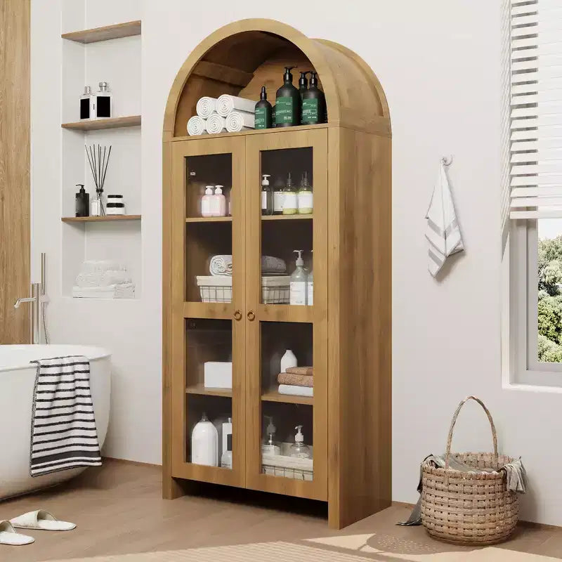 Armoire de rangement haute de 70 pouces avec portes arquées en acrylique, étagères réglables à 5 niveaux, meuble de rangement en bois, bibliothèque moderne pour cuisine, salle à manger et salon