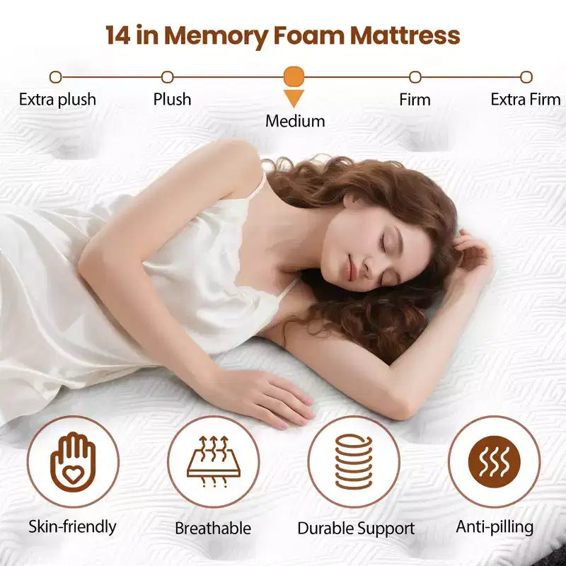 King Size Memory Foam Mattress, 14inch Gel Memory Foam Mattress, Breathable Mattress in a Box, Certified Safe Foams & Fabric