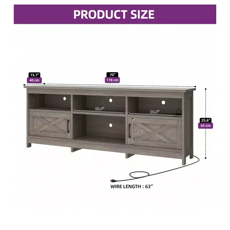Meuble TV de ferme pour téléviseurs de 75/70 pouces, meuble de divertissement LED avec armoires de rangement, étagères ouvertes et étagère réglable pour le salon