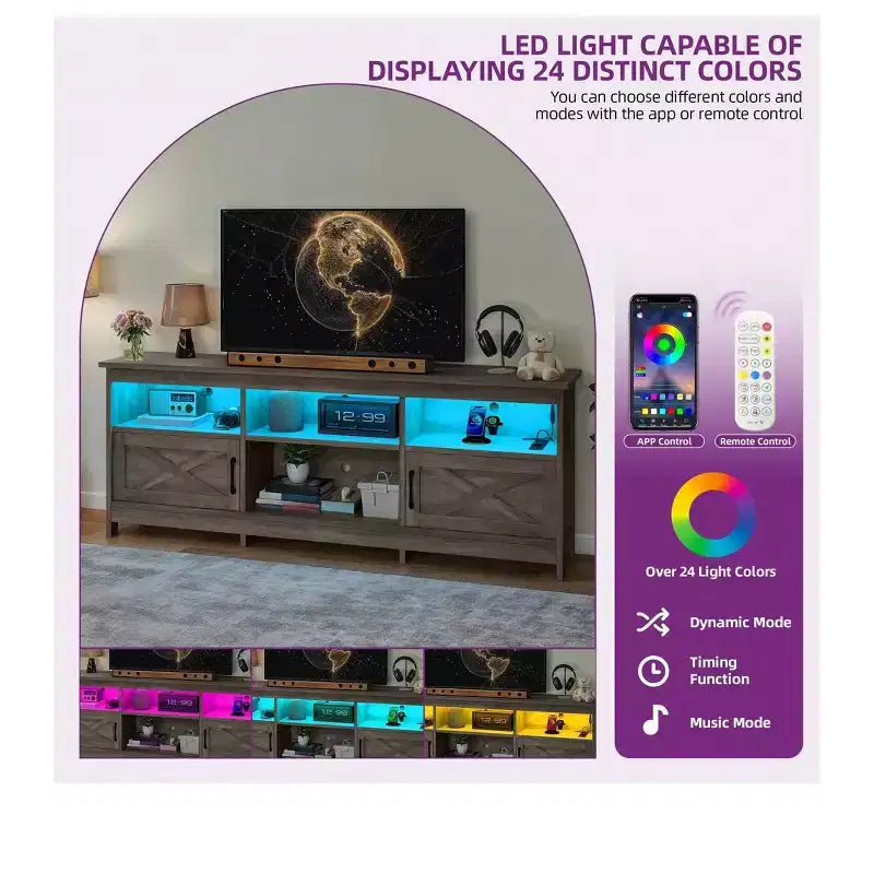 Meuble TV de ferme pour téléviseurs de 75/70 pouces, meuble de divertissement LED avec armoires de rangement, étagères ouvertes et étagère réglable pour le salon