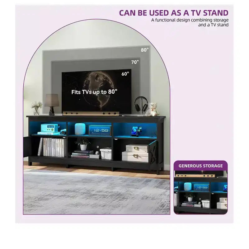 Meuble TV de ferme pour téléviseurs de 75/70 pouces, meuble de divertissement LED avec armoires de rangement, étagères ouvertes et étagère réglable pour le salon
