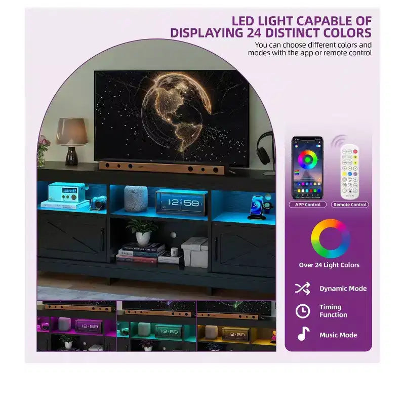 Meuble TV de ferme pour téléviseurs de 75/70 pouces, meuble de divertissement LED avec armoires de rangement, étagères ouvertes et étagère réglable pour le salon