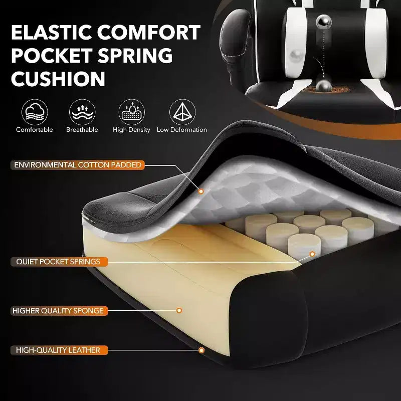 Ergonomic Gaming Chair, High-Back PU Computer Chair, Retractable Footrest, Height Adjustable, Adjustable Lumbar & Headrest, Swivel Office Chair