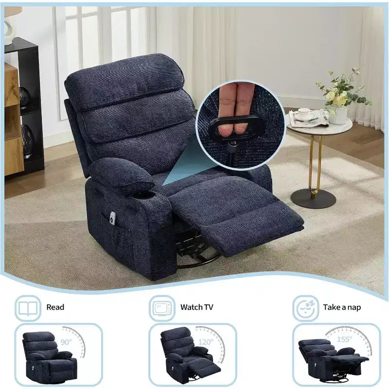 Adult 360 Rotating 8-point Vibration Massage Rocking Chair, Waist Heating, with Side Pockets, Cup Holder, Soft Cushion, Backrest and Footstool