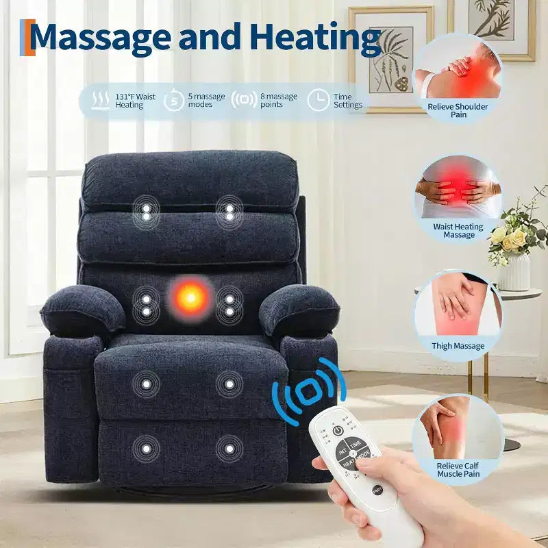 Adult 360 Rotating 8-point Vibration Massage Rocking Chair, Waist Heating, with Side Pockets, Cup Holder, Soft Cushion, Backrest and Footstool