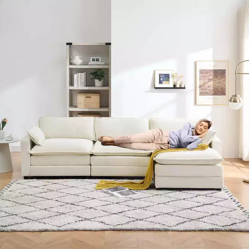 Sofa, 113 Chenille Modular Sectional  3-Seater L-Shaped with Ottoman/2 Cushions/Side Pockets Faux Fur for Living Room/Bedroom Beige