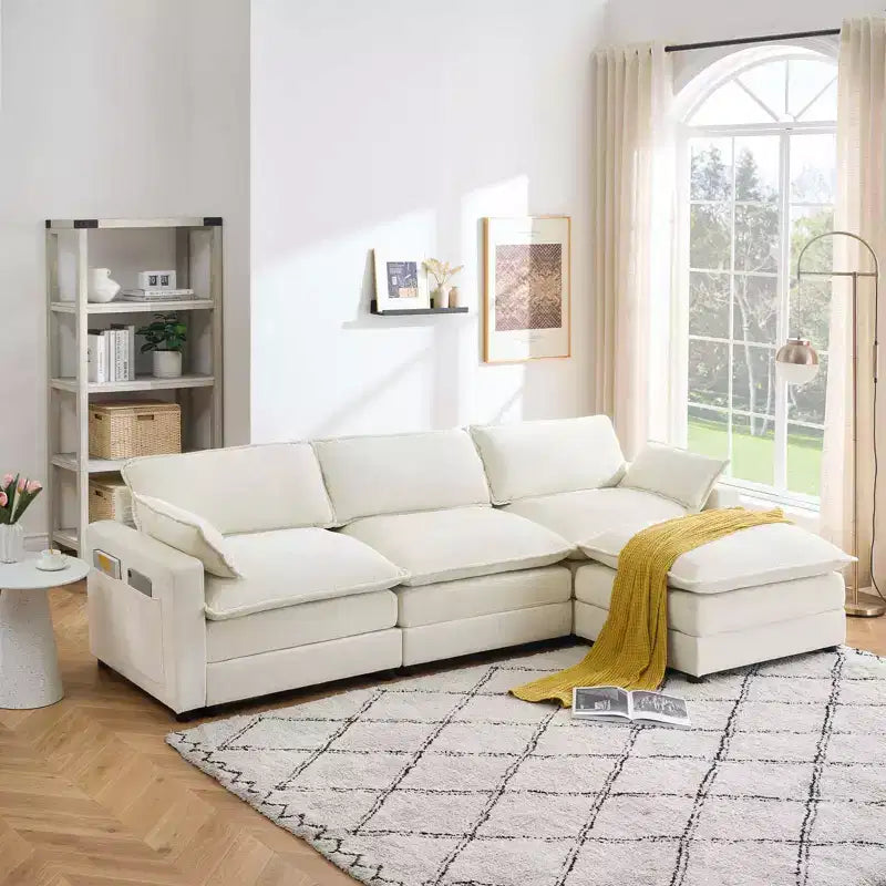 Sofa, 113 Chenille Modular Sectional  3-Seater L-Shaped with Ottoman/2 Cushions/Side Pockets Faux Fur for Living Room/Bedroom Beige