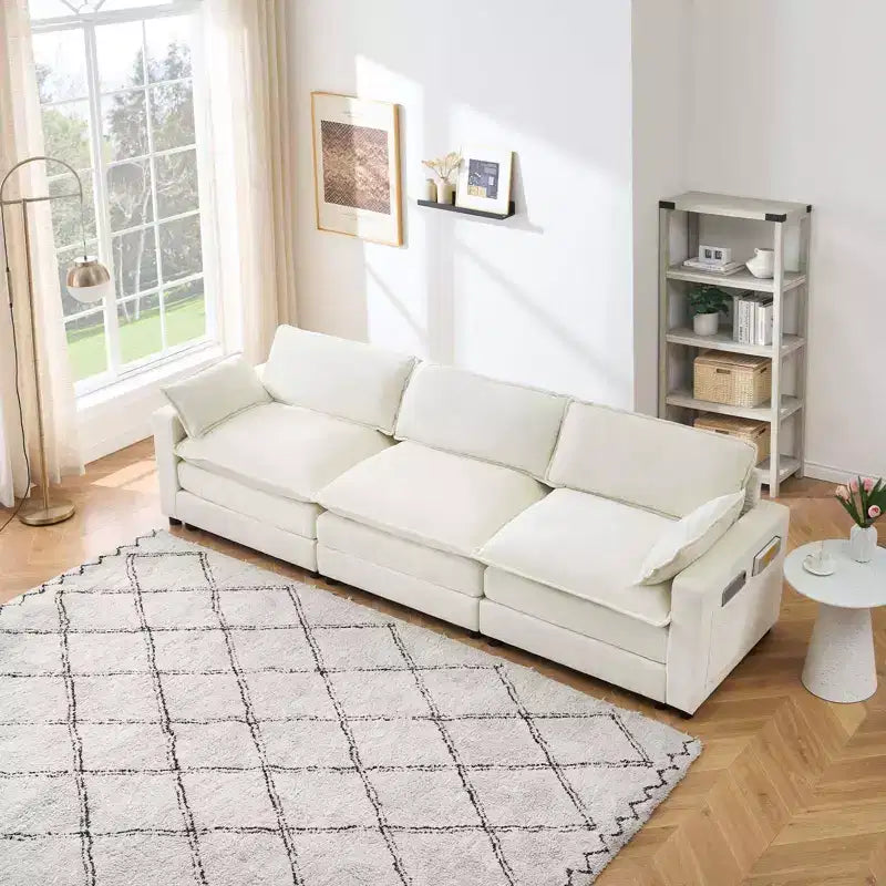 Sofa, 113 Chenille Modular Sectional  3-Seater L-Shaped with Ottoman/2 Cushions/Side Pockets Faux Fur for Living Room/Bedroom Beige