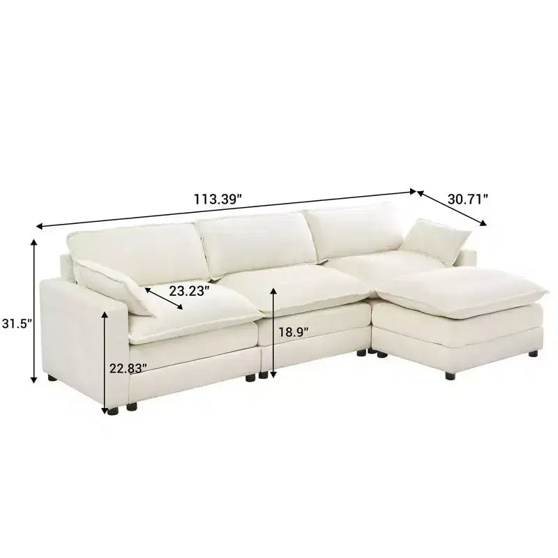 Sofa, 113 Chenille Modular Sectional  3-Seater L-Shaped with Ottoman/2 Cushions/Side Pockets Faux Fur for Living Room/Bedroom Beige