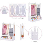 Kids Dress Up Armoire with Lighted Mirror, Costume Organizer w/Clothing Rack, Shelves, Bins & Hooks, Storage Wardrobe for Girls Bedroom