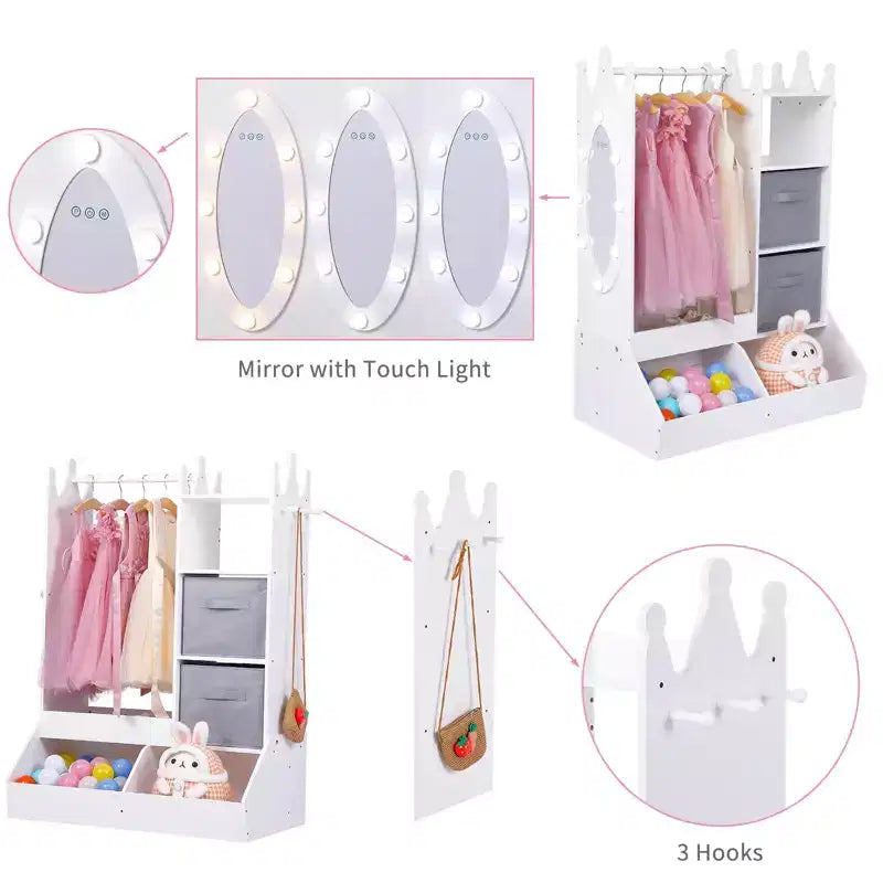Kids Dress Up Armoire with Lighted Mirror, Costume Organizer w/Clothing Rack, Shelves, Bins & Hooks, Storage Wardrobe for Girls Bedroom