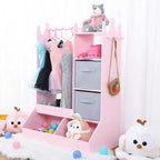 Kids Dress Up Armoire with Lighted Mirror, Costume Organizer w/Clothing Rack, Shelves, Bins & Hooks, Storage Wardrobe for Girls Bedroom