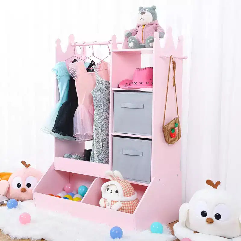 Kids Dress Up Armoire with Lighted Mirror, Costume Organizer w/Clothing Rack, Shelves, Bins & Hooks, Storage Wardrobe for Girls Bedroom