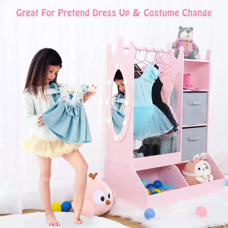 Kids Dress Up Armoire with Lighted Mirror, Costume Organizer w/Clothing Rack, Shelves, Bins & Hooks, Storage Wardrobe for Girls Bedroom