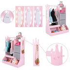 Kids Dress Up Armoire with Lighted Mirror, Costume Organizer w/Clothing Rack, Shelves, Bins & Hooks, Storage Wardrobe for Girls Bedroom
