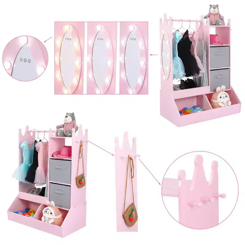 Kids Dress Up Armoire with Lighted Mirror, Costume Organizer w/Clothing Rack, Shelves, Bins & Hooks, Storage Wardrobe for Girls Bedroom