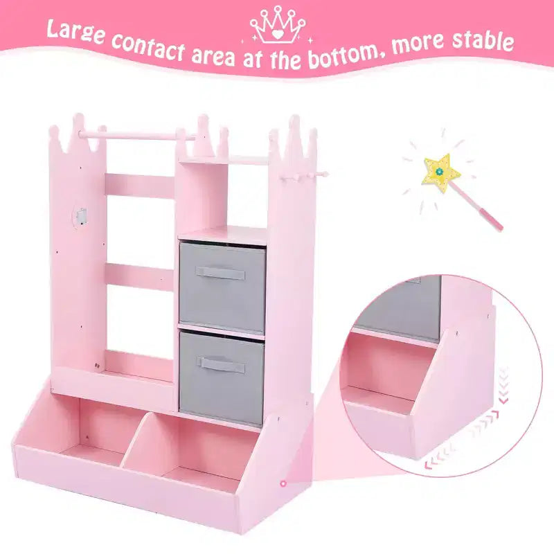Kids Dress Up Armoire with Lighted Mirror, Costume Organizer w/Clothing Rack, Shelves, Bins & Hooks, Storage Wardrobe for Girls Bedroom