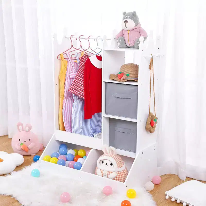 Kids Dress Up Armoire with Lighted Mirror, Costume Organizer w/Clothing Rack, Shelves, Bins & Hooks, Storage Wardrobe for Girls Bedroom