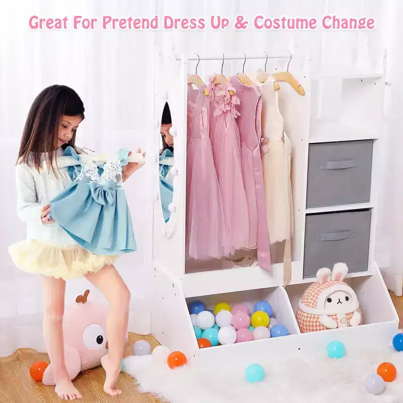 Kids Dress Up Armoire with Lighted Mirror, Costume Organizer w/Clothing Rack, Shelves, Bins & Hooks, Storage Wardrobe for Girls Bedroom