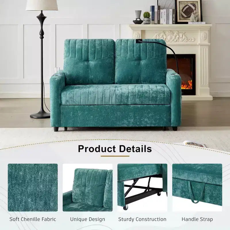 Pull-Out Loveseat Sofa BedConvertible Couch with Adjustable Backrest, Charging Ports, Cup Holders, and Side Pockets