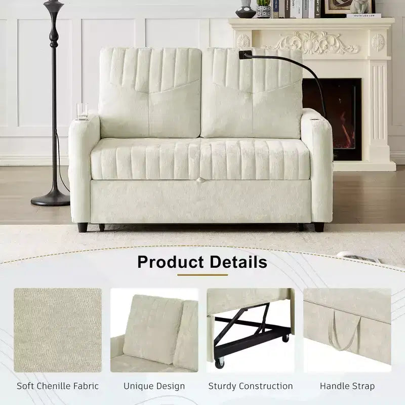 Pull-Out Loveseat Sofa BedConvertible Couch with Adjustable Backrest, Charging Ports, Cup Holders, and Side Pockets