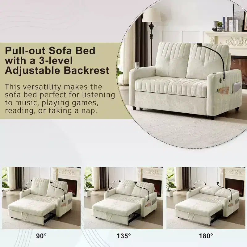 Pull-Out Loveseat Sofa BedConvertible Couch with Adjustable Backrest, Charging Ports, Cup Holders, and Side Pockets