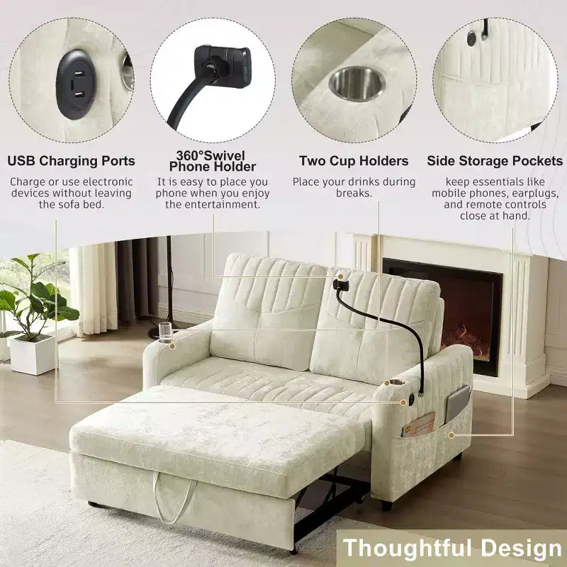 Pull-Out Loveseat Sofa BedConvertible Couch with Adjustable Backrest, Charging Ports, Cup Holders, and Side Pockets