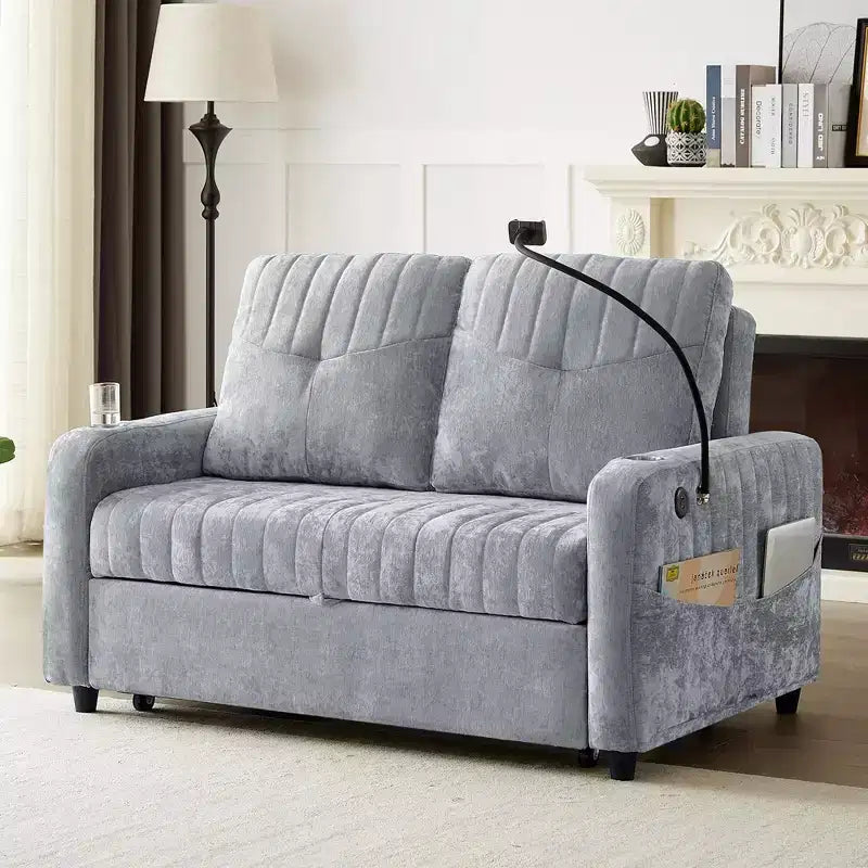 Pull-Out Loveseat Sofa BedConvertible Couch with Adjustable Backrest, Charging Ports, Cup Holders, and Side Pockets