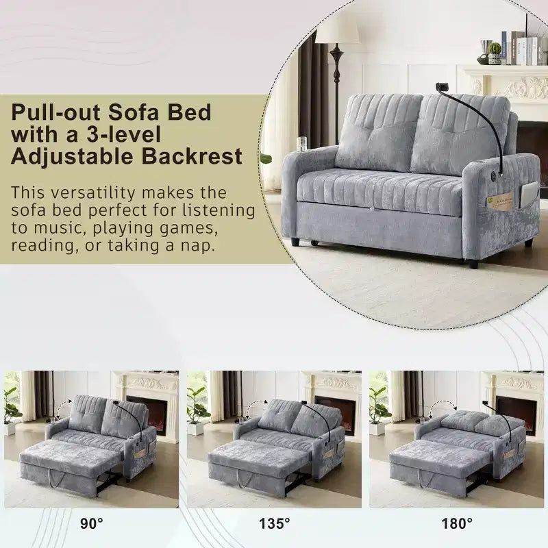 Pull-Out Loveseat Sofa BedConvertible Couch with Adjustable Backrest, Charging Ports, Cup Holders, and Side Pockets