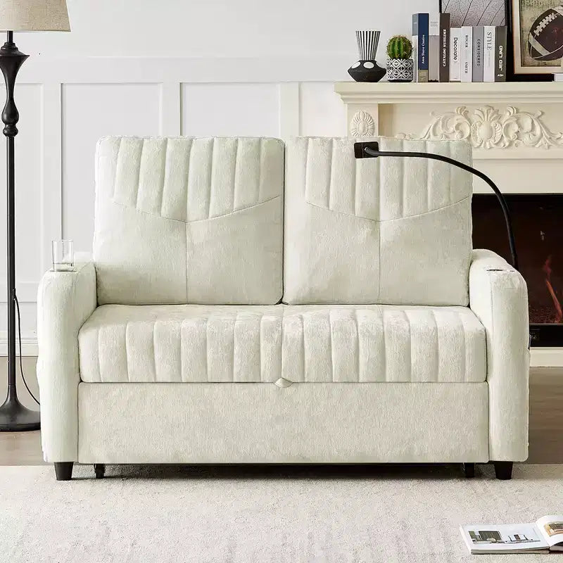 Pull-Out Loveseat Sofa BedConvertible Couch with Adjustable Backrest, Charging Ports, Cup Holders, and Side Pockets