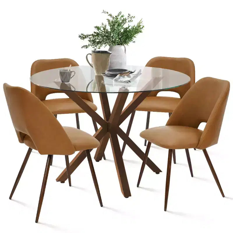 5-Piece Round Glass Dining Table Set with Faux Leather Chairs, Modern Kitchen Table Set with Walnut Legs for 4-Panipeachy