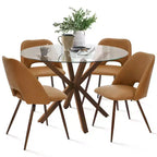 5-Piece Round Glass Dining Table Set with Faux Leather Chairs, Modern Kitchen Table Set with Walnut Legs for 4-Panipeachy