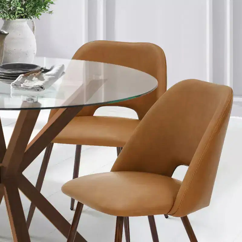 5-Piece Round Glass Dining Table Set with Faux Leather Chairs, Modern Kitchen Table Set with Walnut Legs for 4-Panipeachy