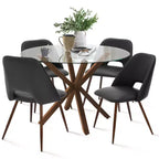 5-Piece Round Glass Dining Table Set with Faux Leather Chairs, Modern Kitchen Table Set with Walnut Legs for 4-Panipeachy