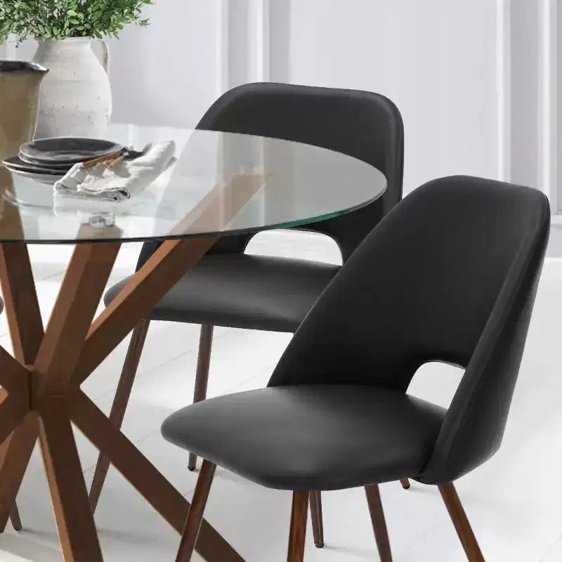 5-Piece Round Glass Dining Table Set with Faux Leather Chairs, Modern Kitchen Table Set with Walnut Legs for 4-Panipeachy