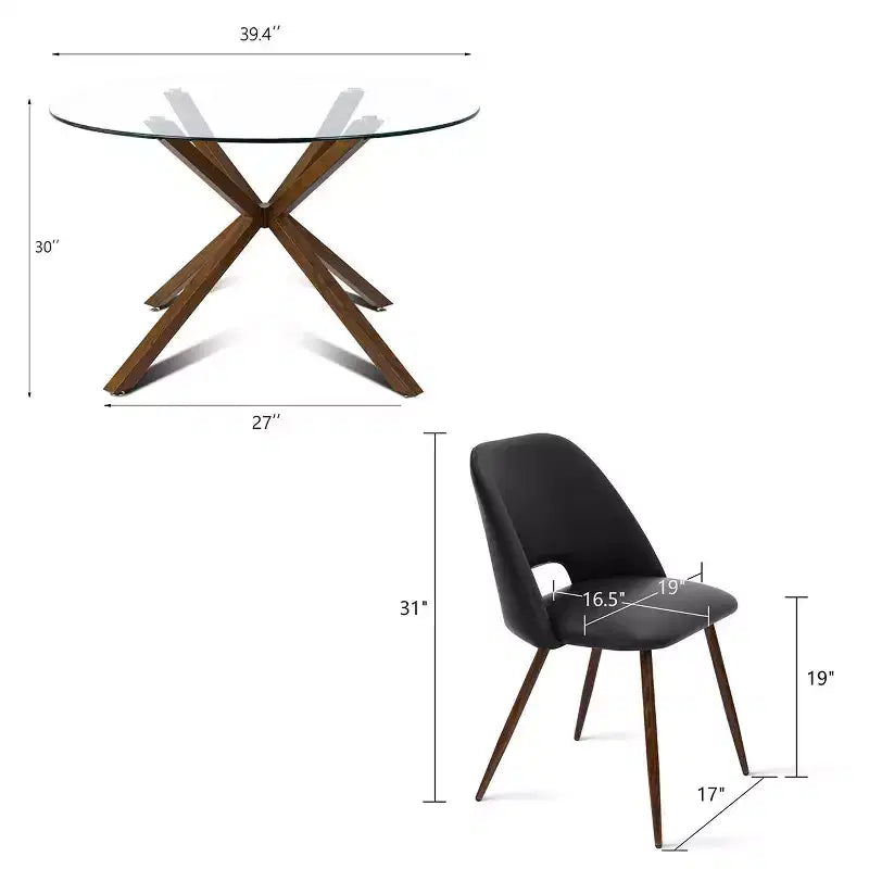 5-Piece Round Glass Dining Table Set with Faux Leather Chairs, Modern Kitchen Table Set with Walnut Legs for 4-Panipeachy