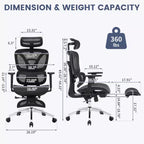 Chaise de bureau ergonomique inclinable en maille à dossier haut avec repose-pieds, soutien lombaire dynamique - Fauteuil de bureau pivotant pour la maison et le jeu, noir