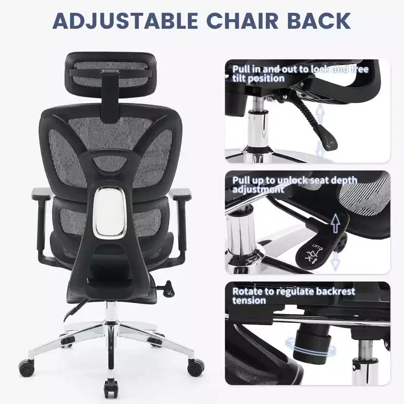 Chaise de bureau ergonomique inclinable en maille à dossier haut avec repose-pieds, soutien lombaire dynamique - Fauteuil de bureau pivotant pour la maison et le jeu, noir