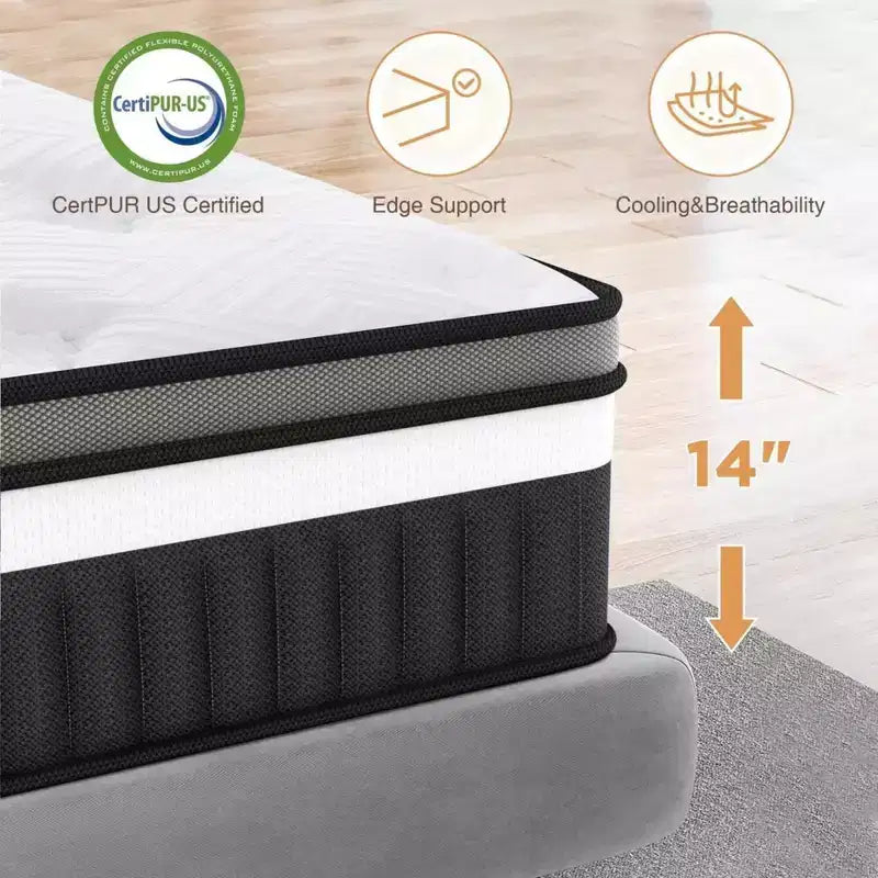 Matelas Queen 14 pouces dans une boîte, mousse à mémoire de forme au gel et ressorts ensachés individuellement, fermeté moyenne, rafraîchissant, certifié CertiPUR-US