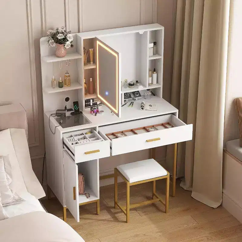 Coiffeuse avec miroir et lumières, Ensemble de coiffeuse 42,5" avec tabouret, Table de maquillage avec armoire miroir et chaise, Tiroirs et étagères