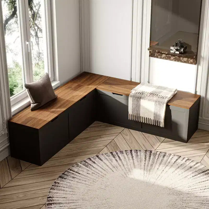 Famapy Corner Entryway Bench w/Hidden Storage White Oak Finish Shoe Cabinet