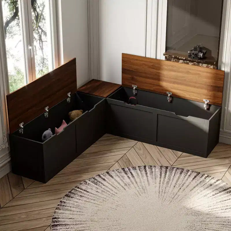Famapy Corner Entryway Bench w/Hidden Storage White Oak Finish Shoe Cabinet