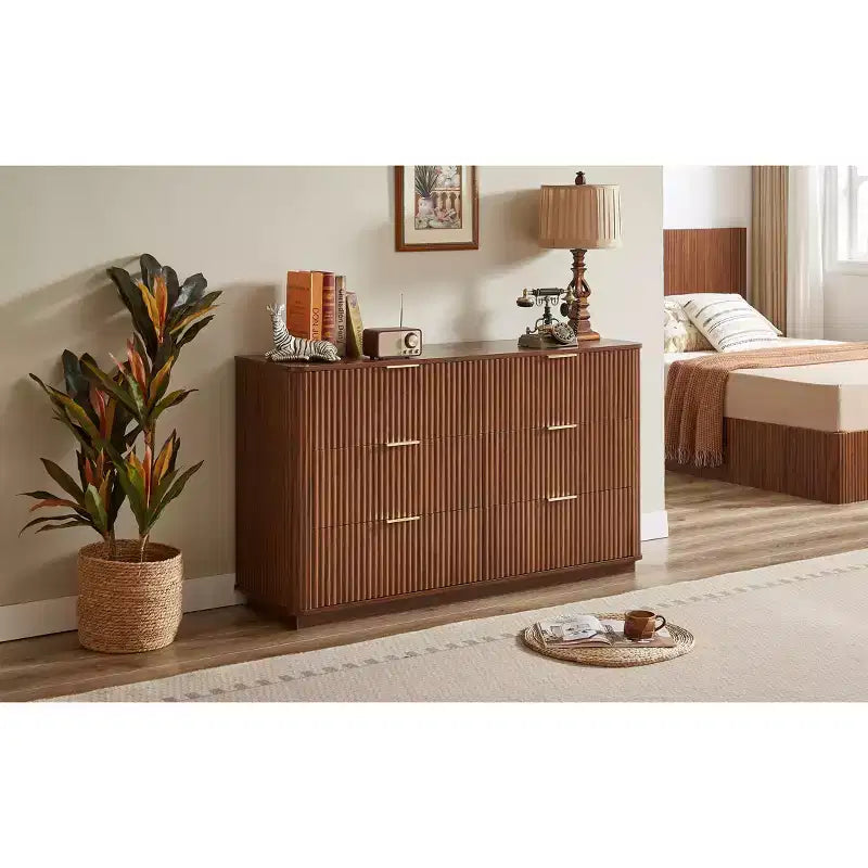 JVNOXK 6 Drawer Dressing Table, 55-inch Wide Modern Wave Curve Design, Dual-Function TV Cabinet&Dressing Cabinet, Wooden Storage Cabinet,Walnut