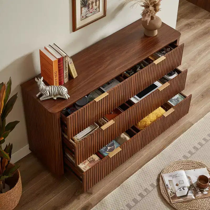 JVNOXK 6 Drawer Dressing Table, 55-inch Wide Modern Wave Curve Design, Dual-Function TV Cabinet&Dressing Cabinet, Wooden Storage Cabinet,Walnut